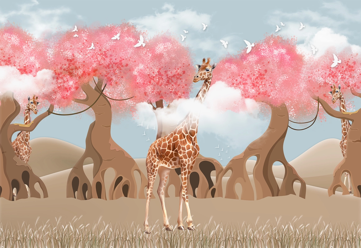 детские, жираф, деревья, небо, птицы, трава, холмы, розовые, голубые, коричневые