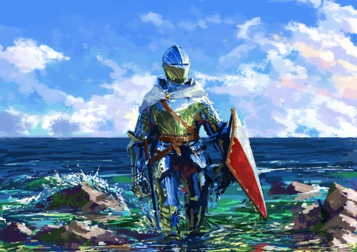 рыцарь в доспехах, море, берег, небо, камни, облака, голубые