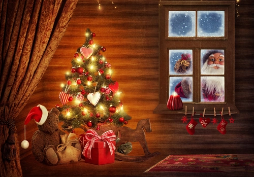 санта, елка, новый год, праздник, подарки, коричневые, желтые, зеленые